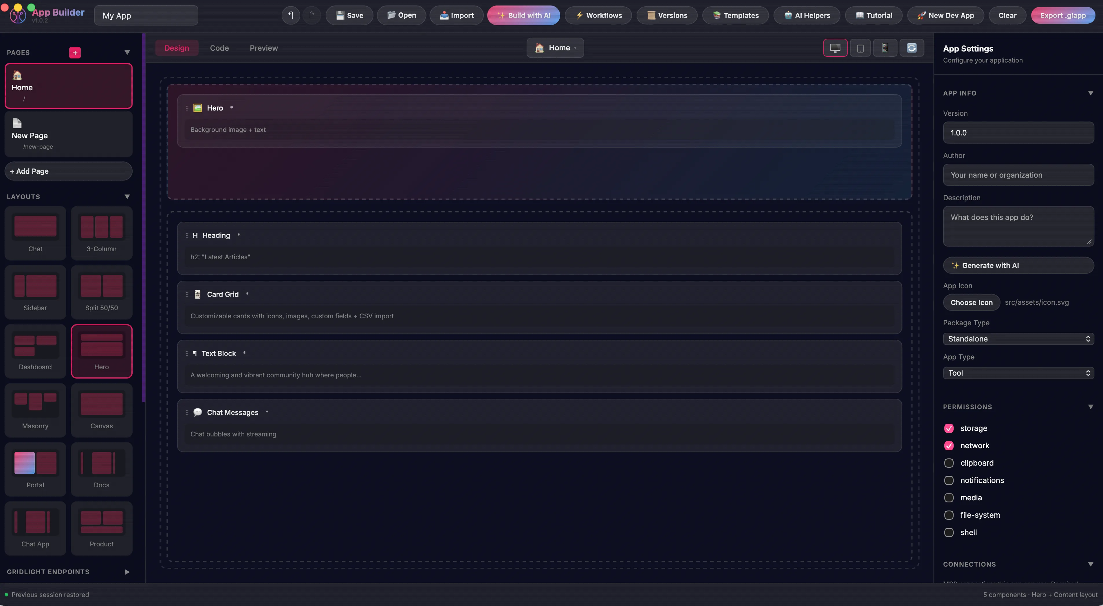 Screenshot: App Builder visual interface with component panel and canvas