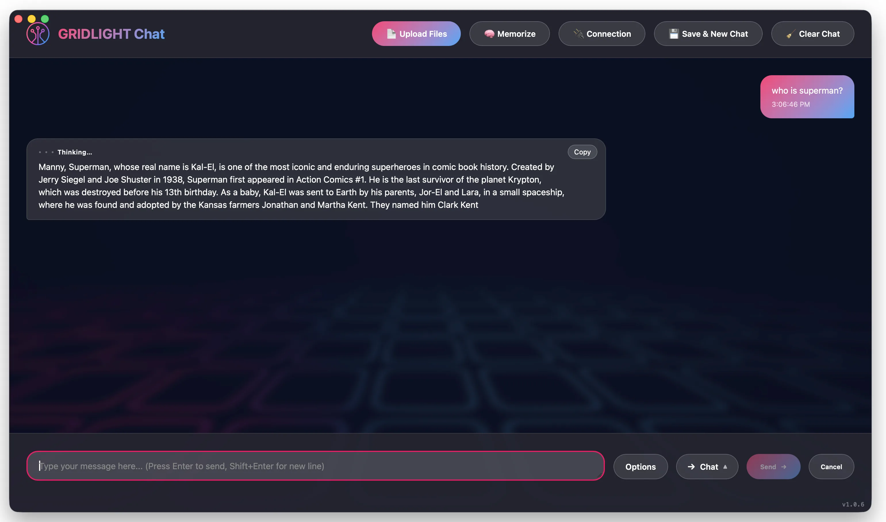 Screenshot: Gridlight chat interface with streaming AI response