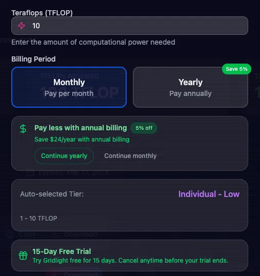 Screenshot: Gridlight plan selection and checkout page