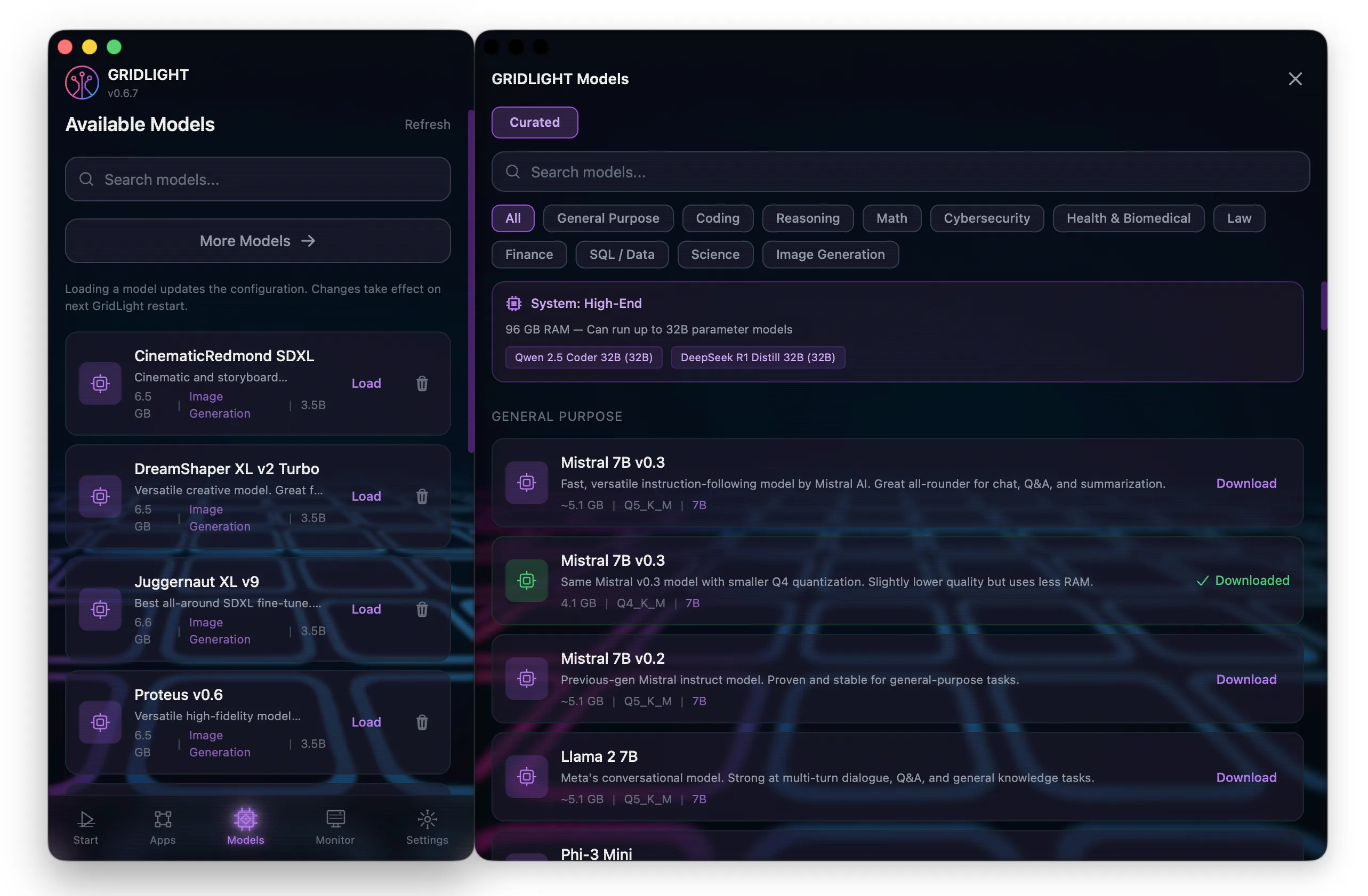 Screenshot: Gridlight model catalog with download buttons