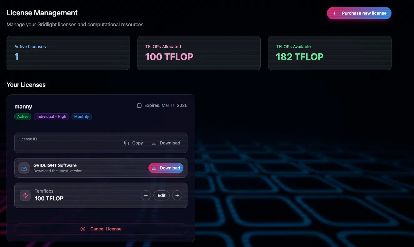 Screenshot: Gridlight license portal registration page