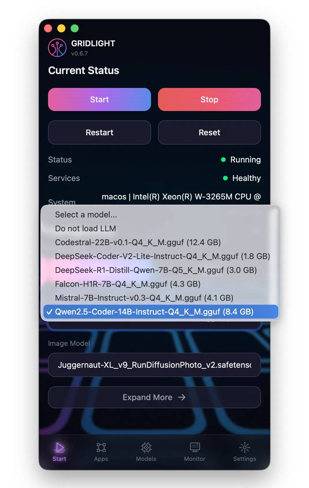 Screenshot: Model management panel showing active and available models