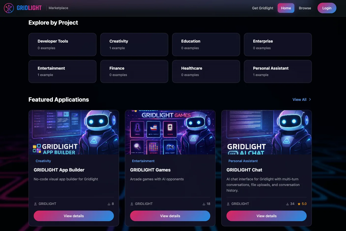 Screenshot: Gridlight marketplace with app cards and categories