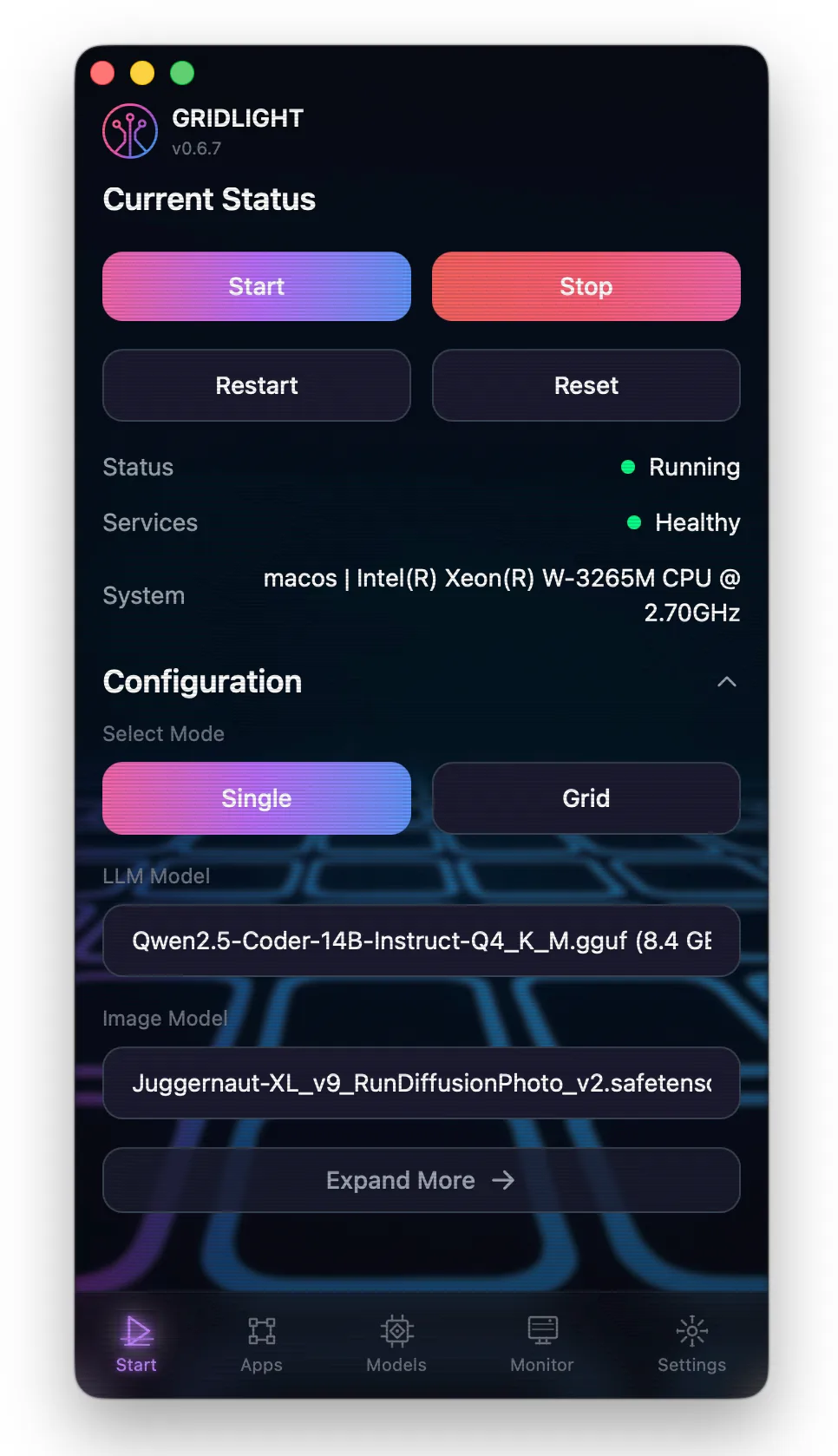 Screenshot: Gridlight desktop application main screen