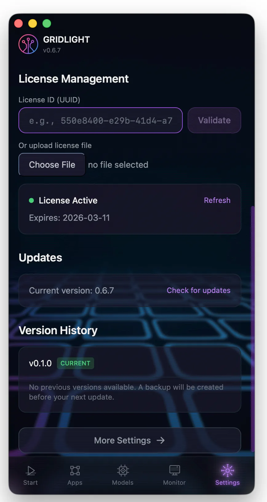 Screenshot: Gridlight license activation screen in Settings